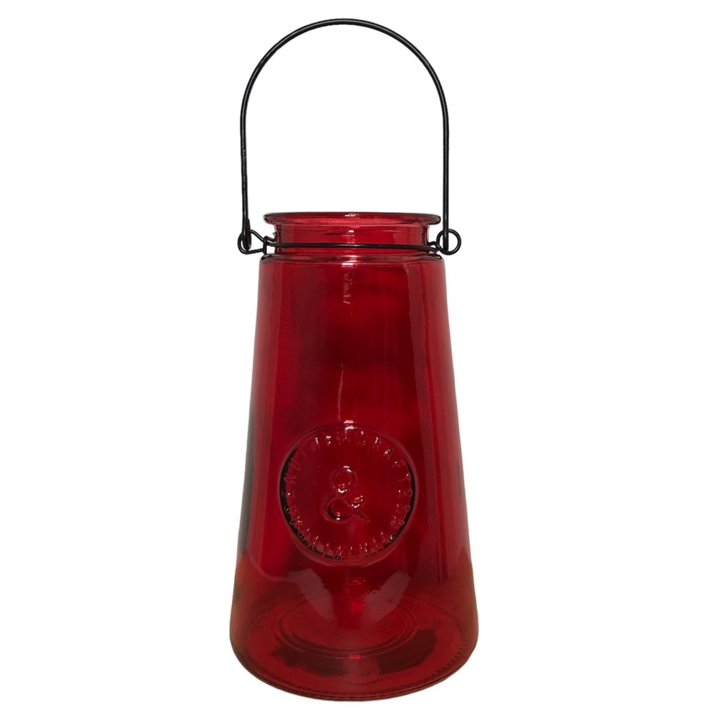 Genuine Crafted & Original Red Glass Ribbed Candle Holder with Metal Wire Handle